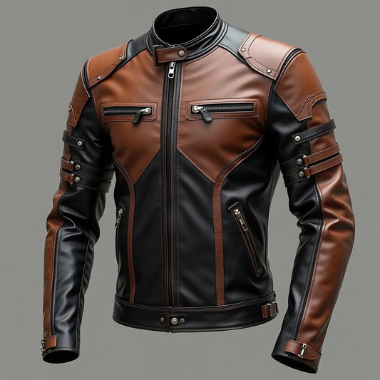 Handmade Dual-Tone Leather Biker Jacket | Brown & Black Moto Coat