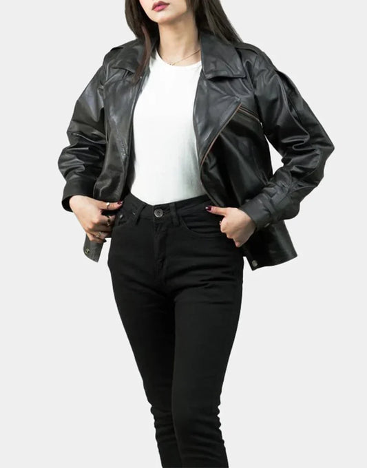 Women's Black Notch-Collar Leather Biker Jacket