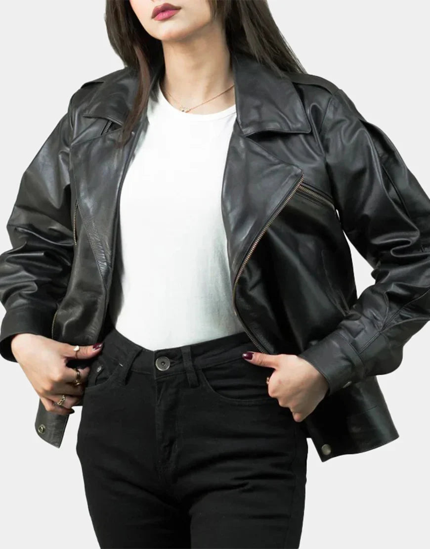 Women's Black Notch-Collar Leather Biker Jacket