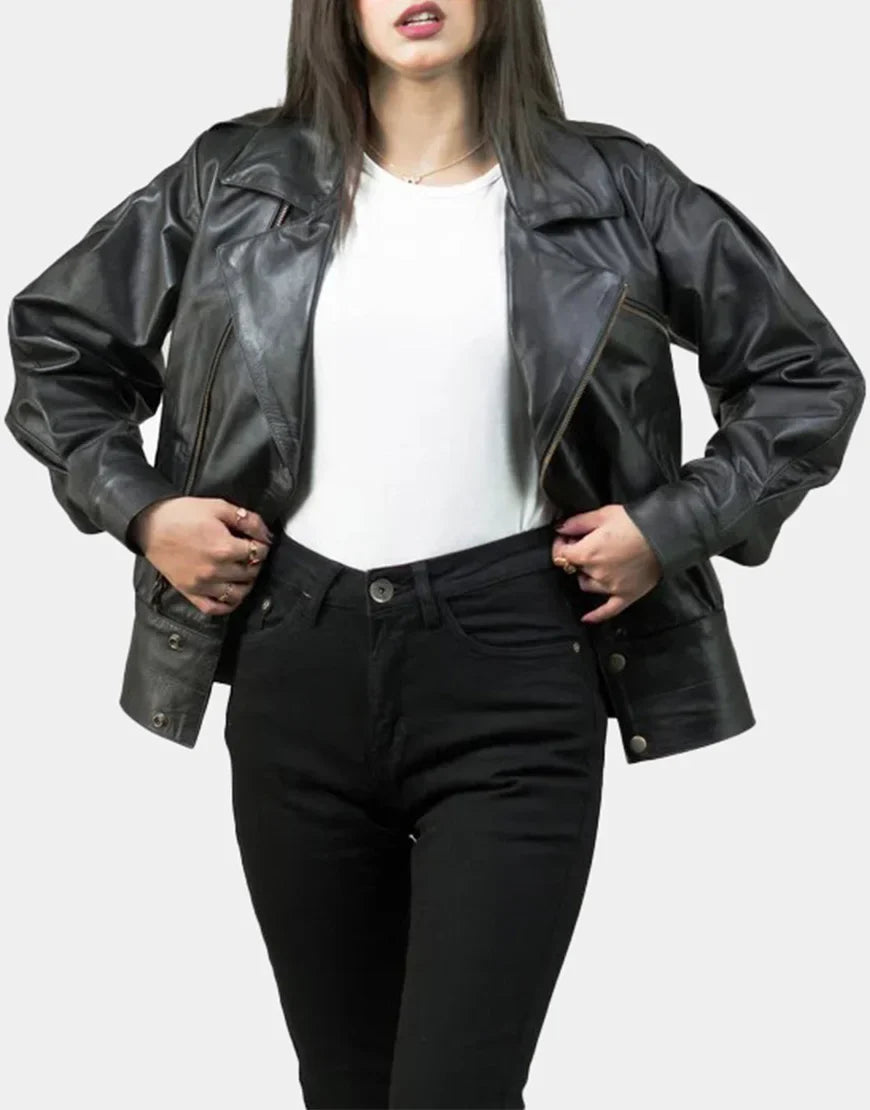 Women's Black Notch-Collar Leather Biker Jacket