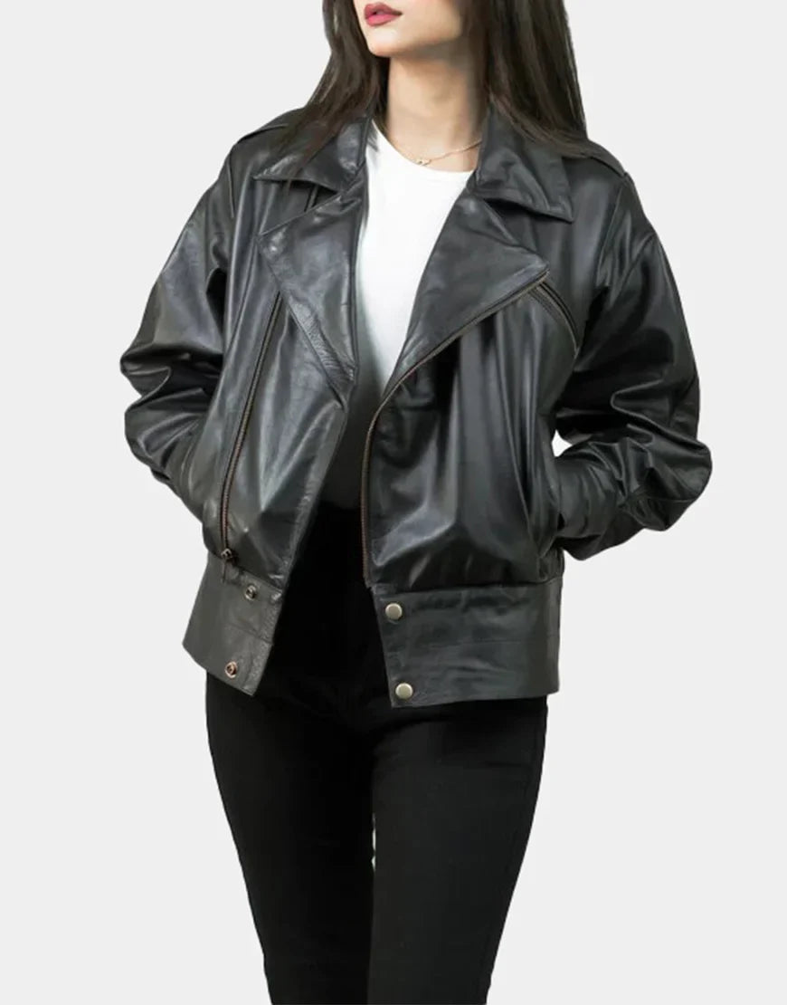 Women's Black Notch-Collar Leather Biker Jacket