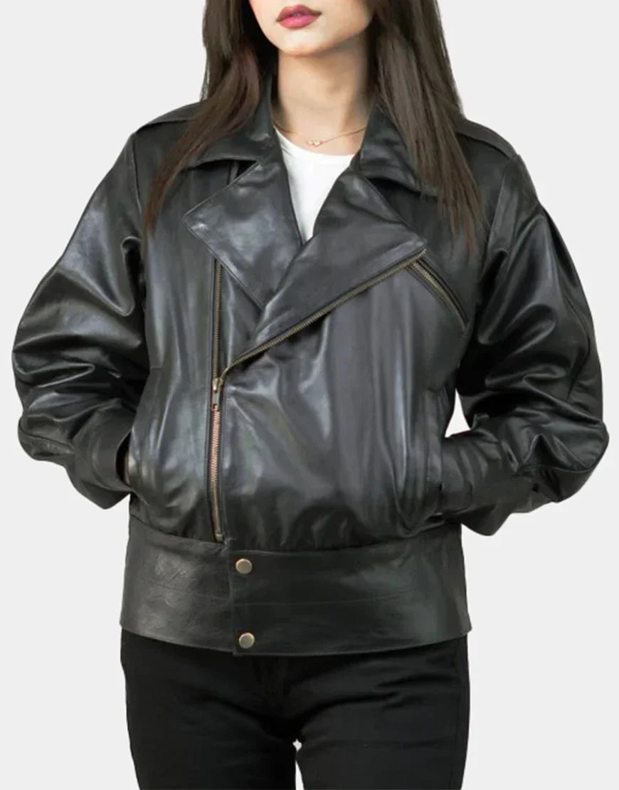 Women's Black Notch-Collar Leather Biker Jacket