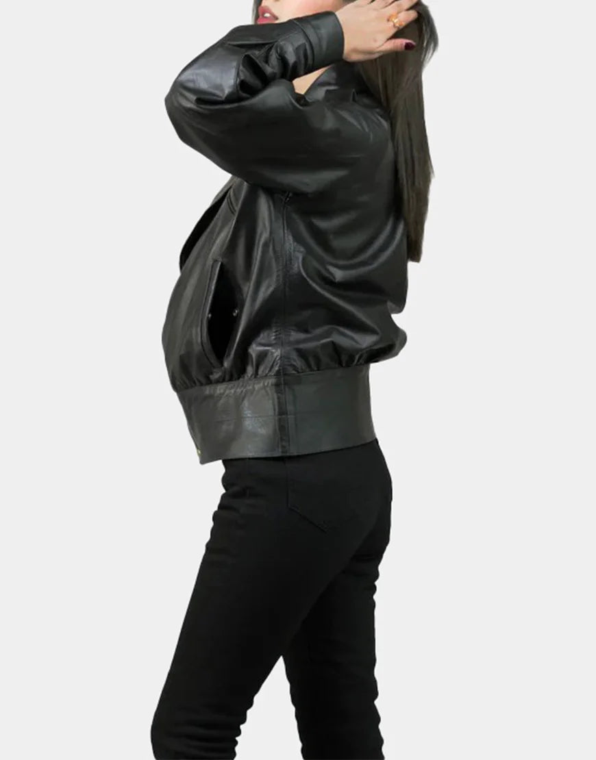 Women's Black Notch-Collar Leather Biker Jacket