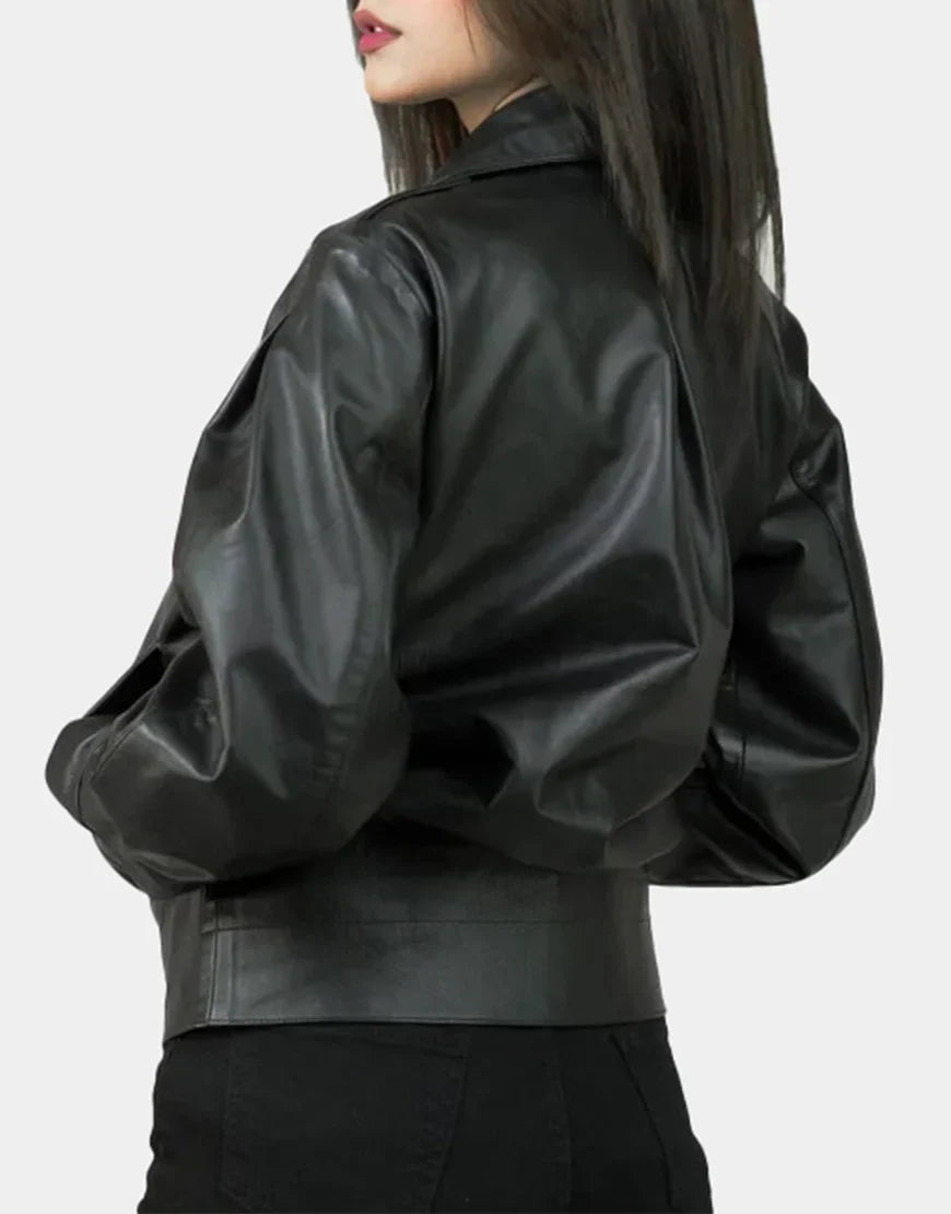 Women's Black Notch-Collar Leather Biker Jacket