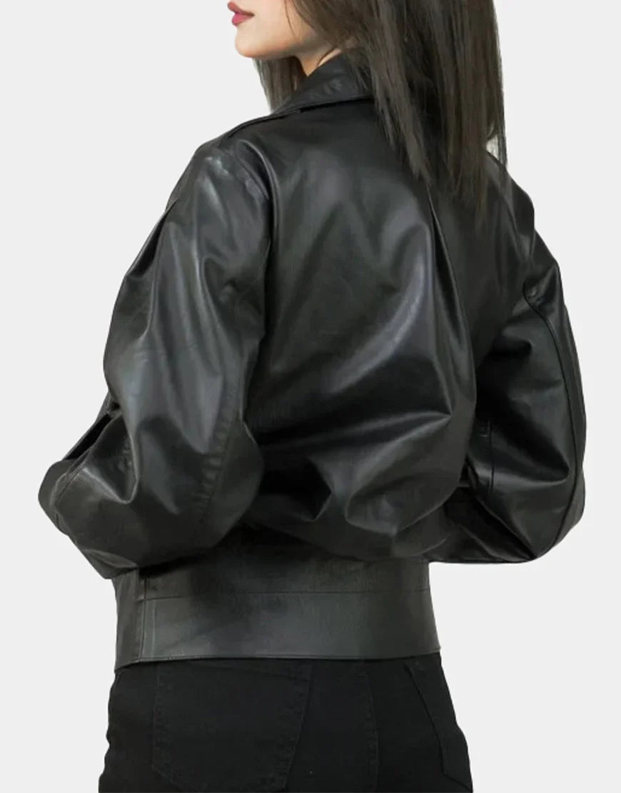 Women's Black Notch-Collar Leather Biker Jacket