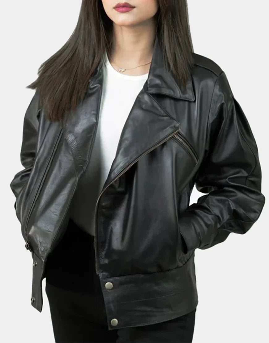 Women's Black Notch-Collar Leather Biker Jacket