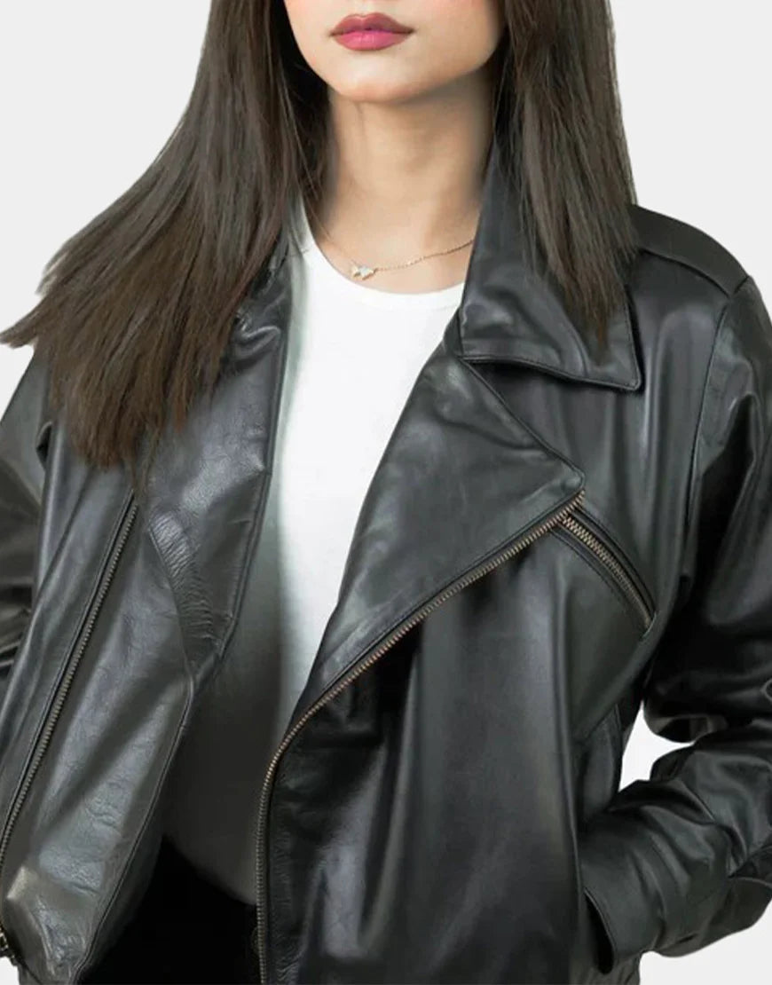Women's Black Notch-Collar Leather Biker Jacket