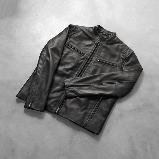 Ionic Black Cafe Racer Leather Jacket – Men’s Genuine Sheepskin Motorcycle Jacket