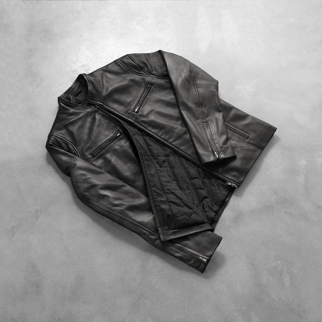 Ionic Black Cafe Racer Leather Jacket – Men’s Genuine Sheepskin Motorcycle Jacket