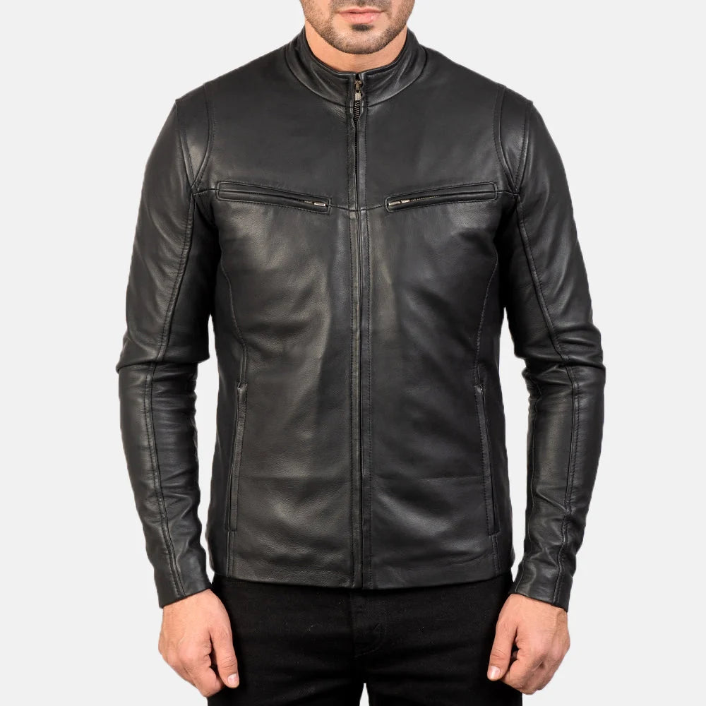 Ionic Black Cafe Racer Leather Jacket – Men’s Genuine Sheepskin Motorcycle Jacket
