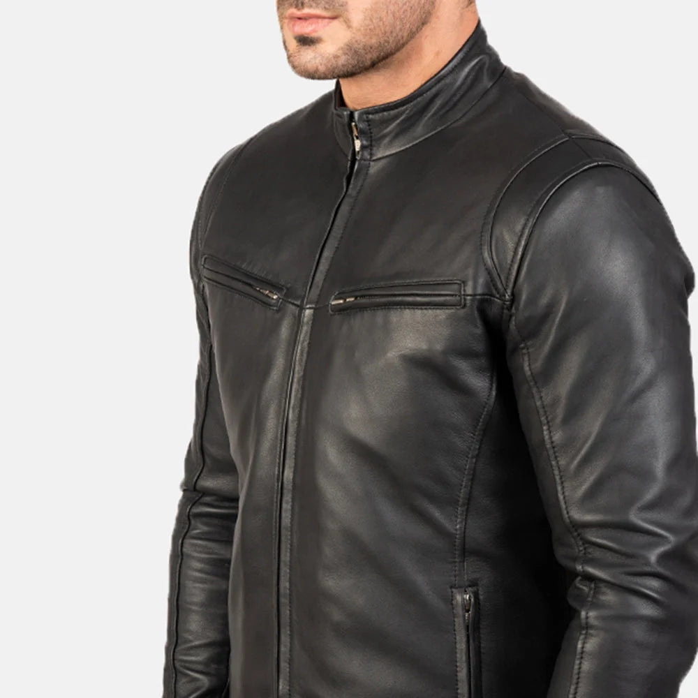 Ionic Black Cafe Racer Leather Jacket – Men’s Genuine Sheepskin Motorcycle Jacket