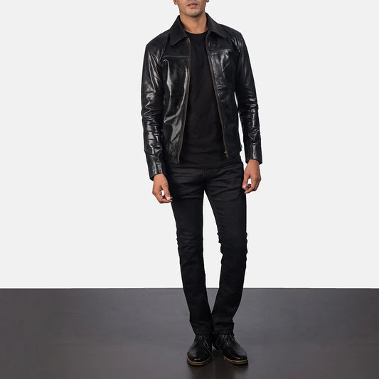 Mystical Black Leather Jacket – Men’s Genuine Cowhide Leather Shirt Collar Jacket