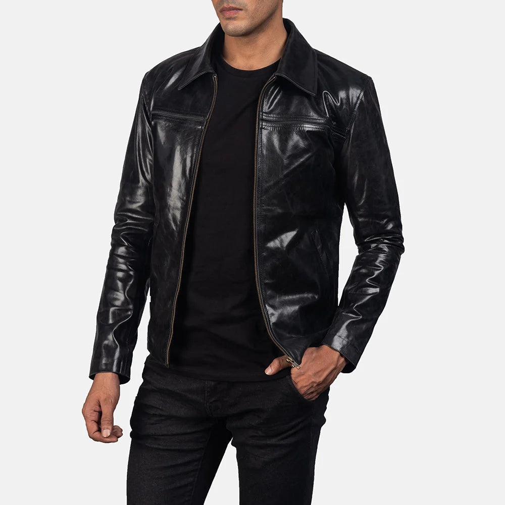 Mystical Black Leather Jacket – Men’s Genuine Cowhide Leather Shirt Collar Jacket