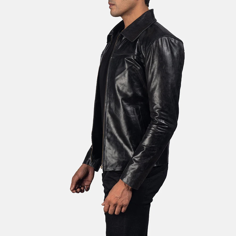 Mystical Black Leather Jacket – Men’s Genuine Cowhide Leather Shirt Collar Jacket
