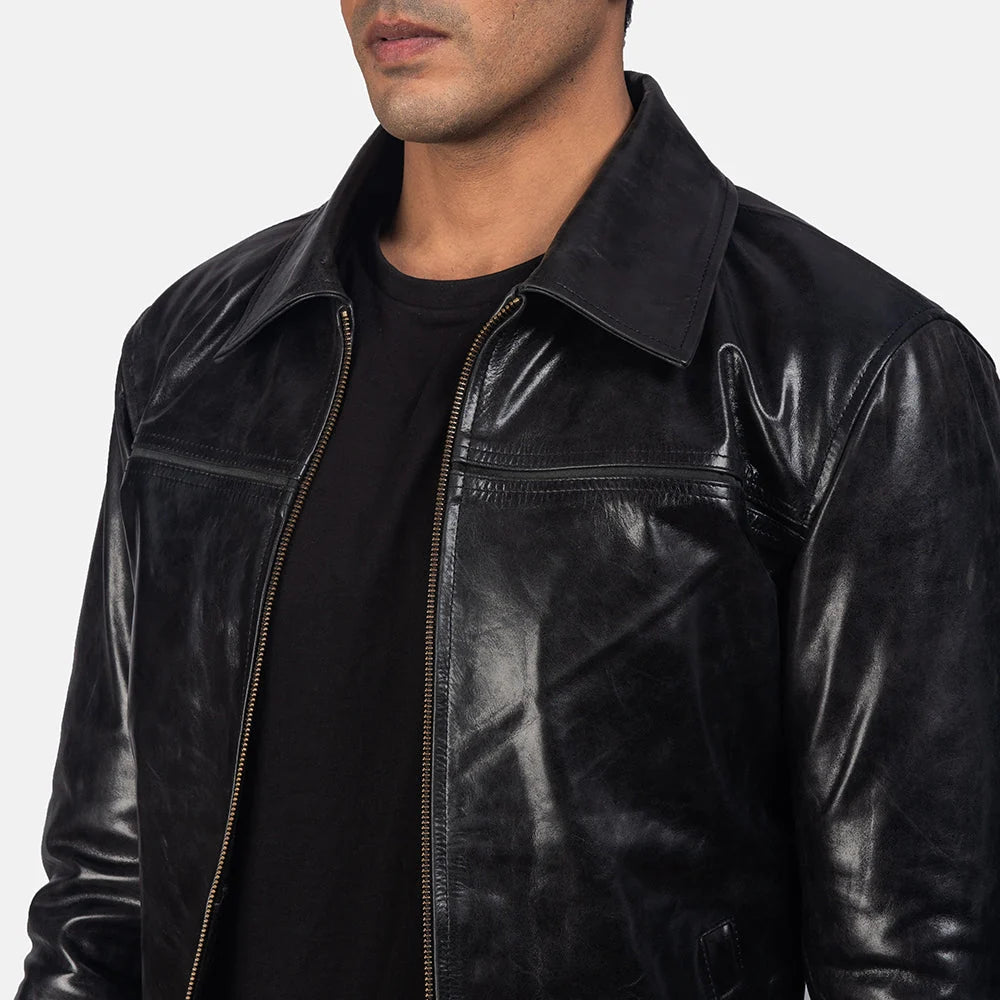 Mystical Black Leather Jacket – Men’s Genuine Cowhide Leather Shirt Collar Jacket