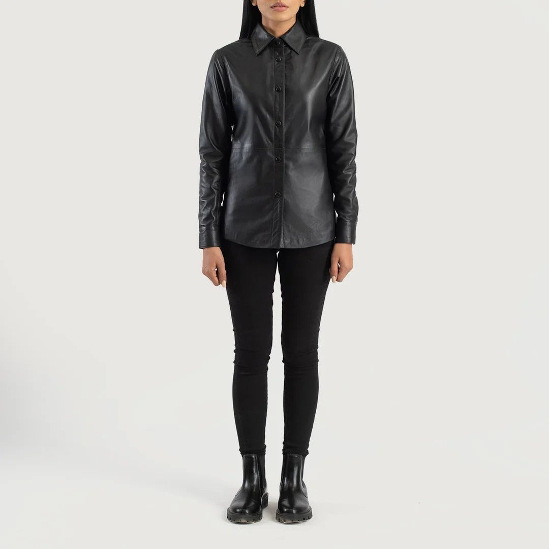 Zenith Black Leather Shirt Jacket – Women’s Genuine Sheepskin Button-Up Jacket