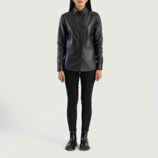 Zenith Black Leather Shirt Jacket – Women’s Genuine Sheepskin Button-Up Jacket
