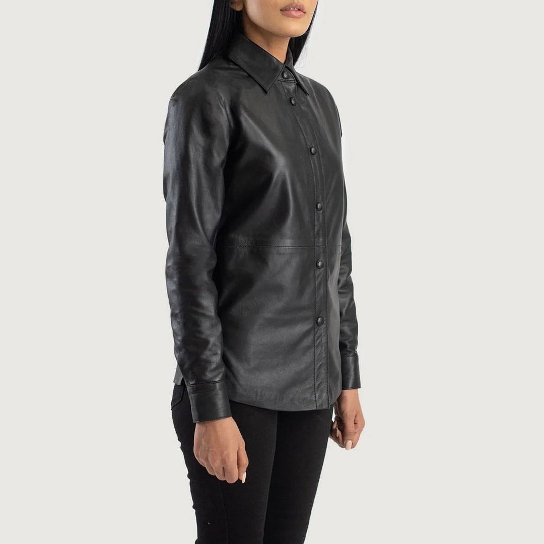 Zenith Black Leather Shirt Jacket – Women’s Genuine Sheepskin Button-Up Jacket