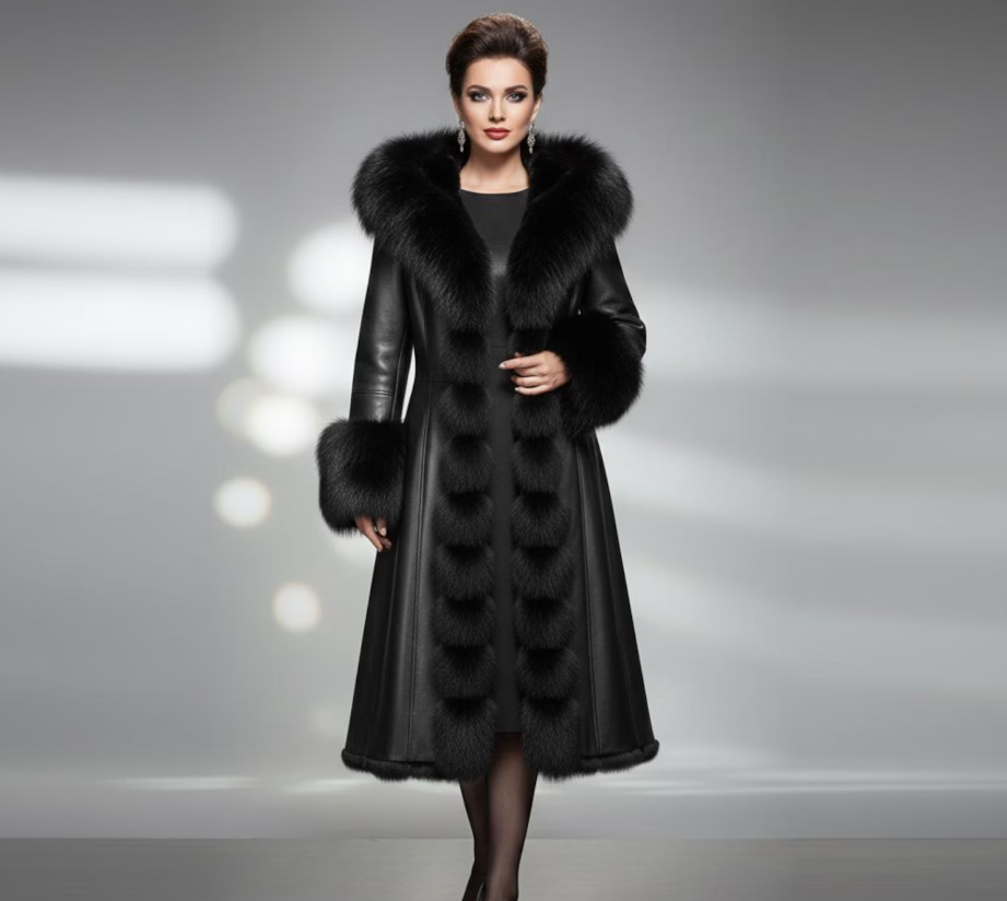 Maxi Black Leather Coat with Fur Trim Hood | Winter Outerwear