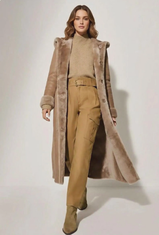 Women’s Hooded Sheepskin Leather Coat – Handmade Shearling Fur Lined Winter Coat