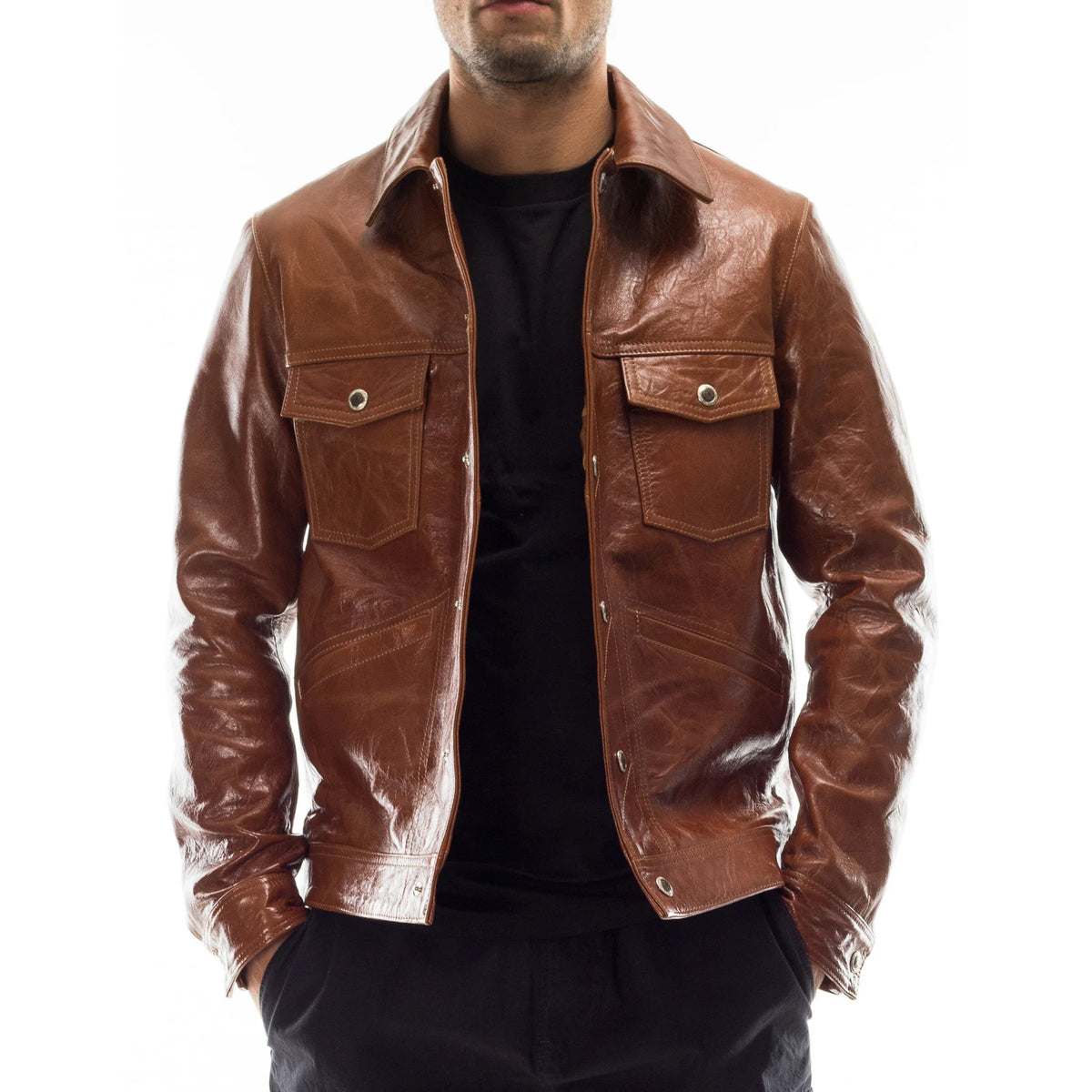 Handmade Italian Lambskin Leather Jacket: Men's Slim Fit, Antiqued Brown Jacket