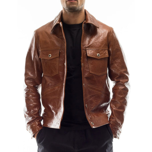 Handmade Italian Lambskin Leather Jacket: Men's Slim Fit, Antiqued Brown Jacket