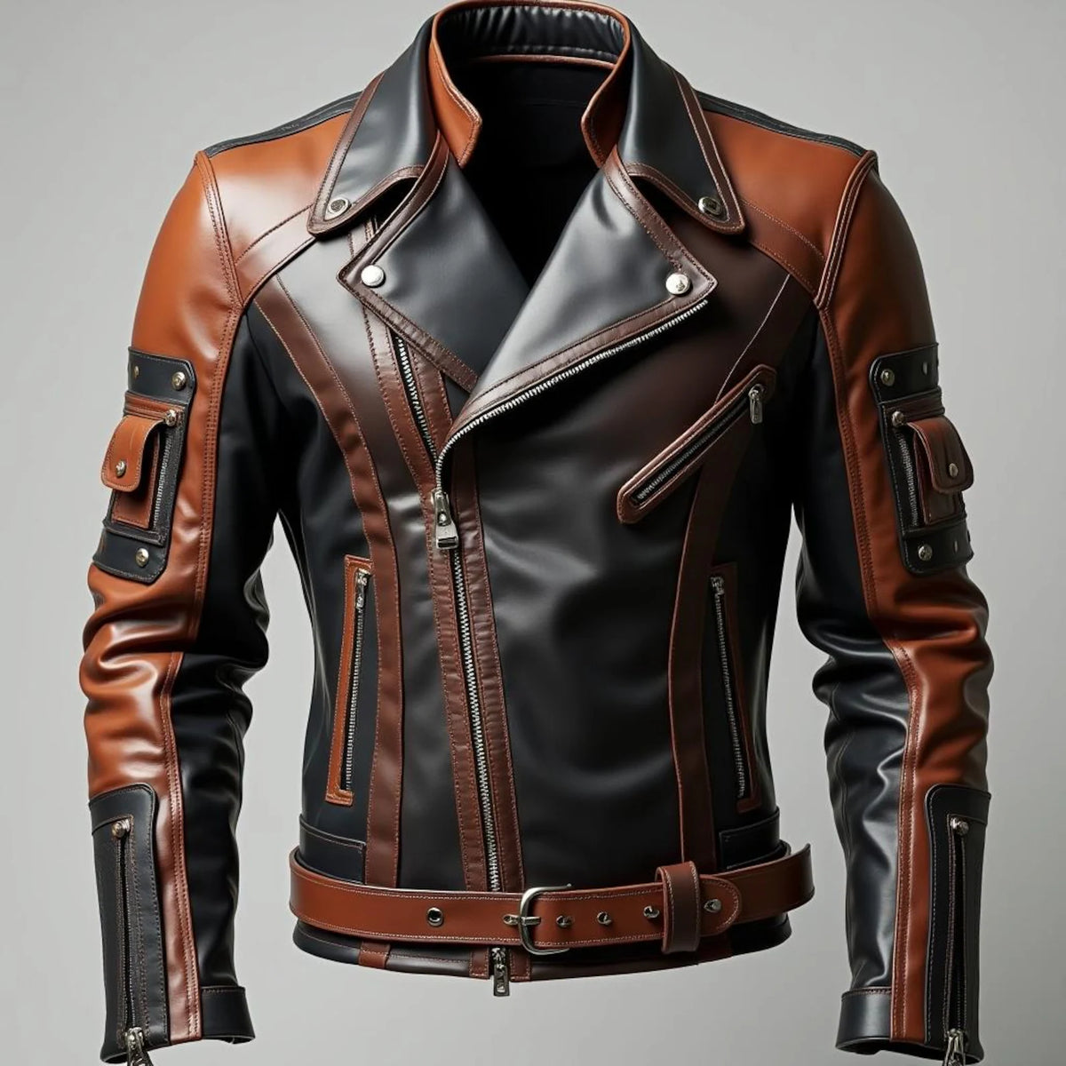 Handmade Dual-Tone Leather Biker Jacket | Brown & Black Moto Coat