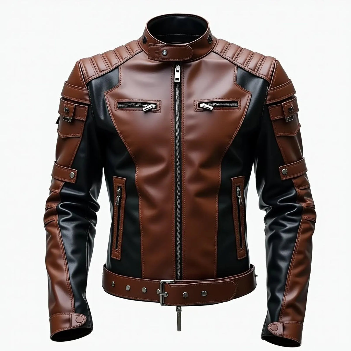 Handmade Dual-Tone Leather Biker Jacket | Brown & Black Moto Coat