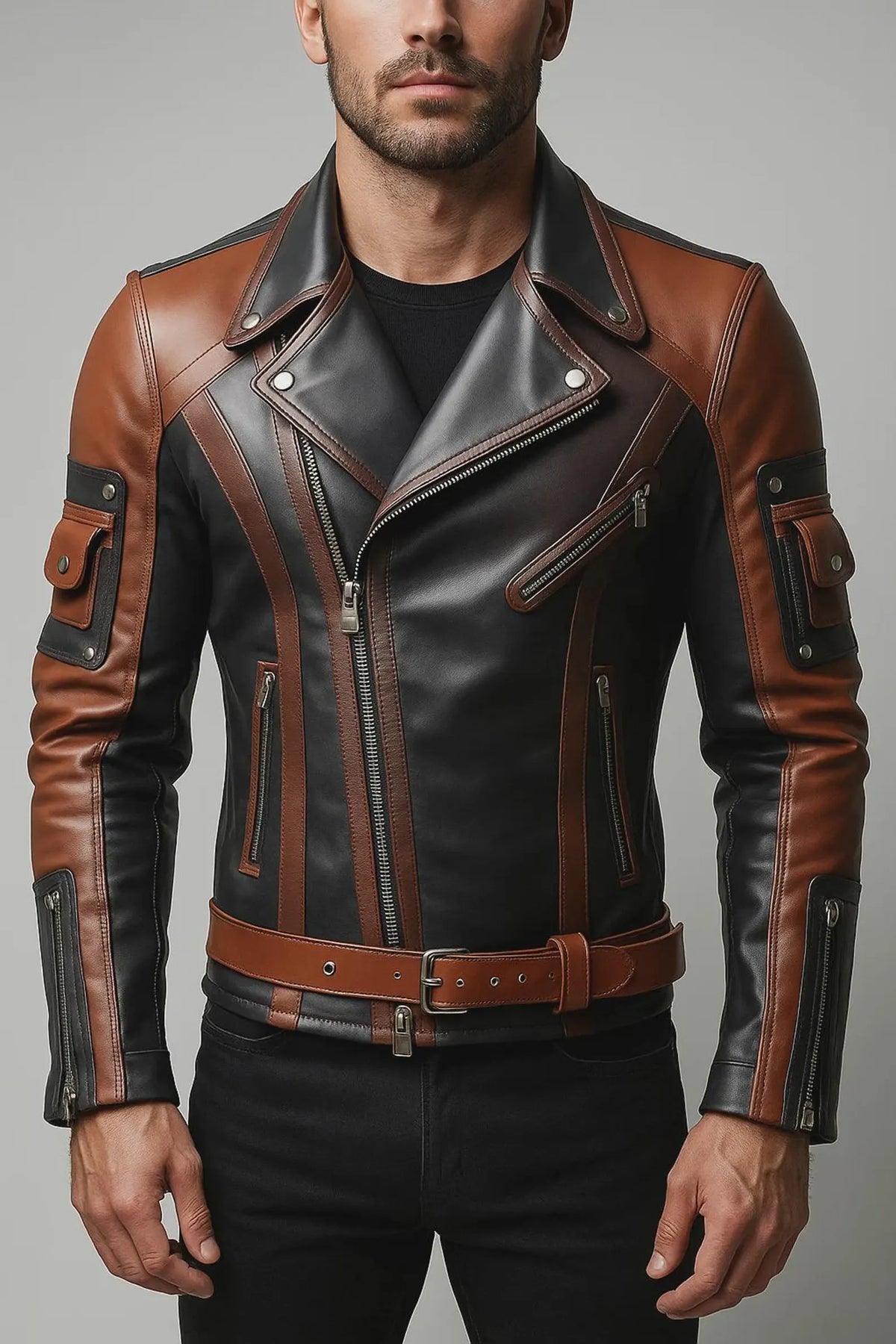 Handmade Dual-Tone Leather Biker Jacket | Brown & Black Moto Coat
