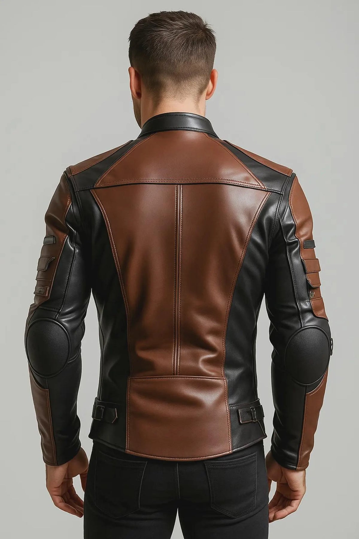Handmade Dual-Tone Leather Biker Jacket | Brown & Black Moto Coat