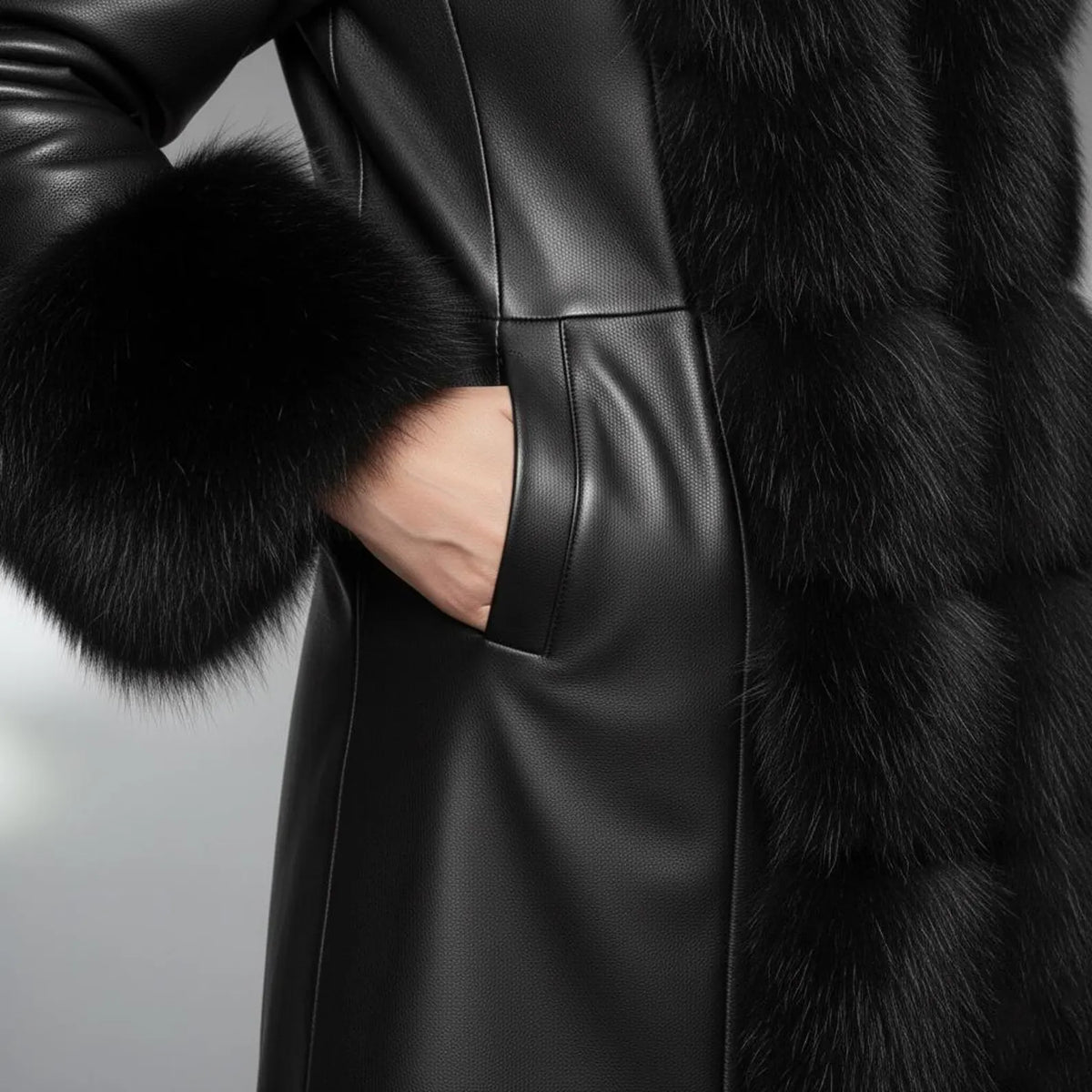 Maxi Black Leather Coat with Fur Trim Hood | Winter Outerwear