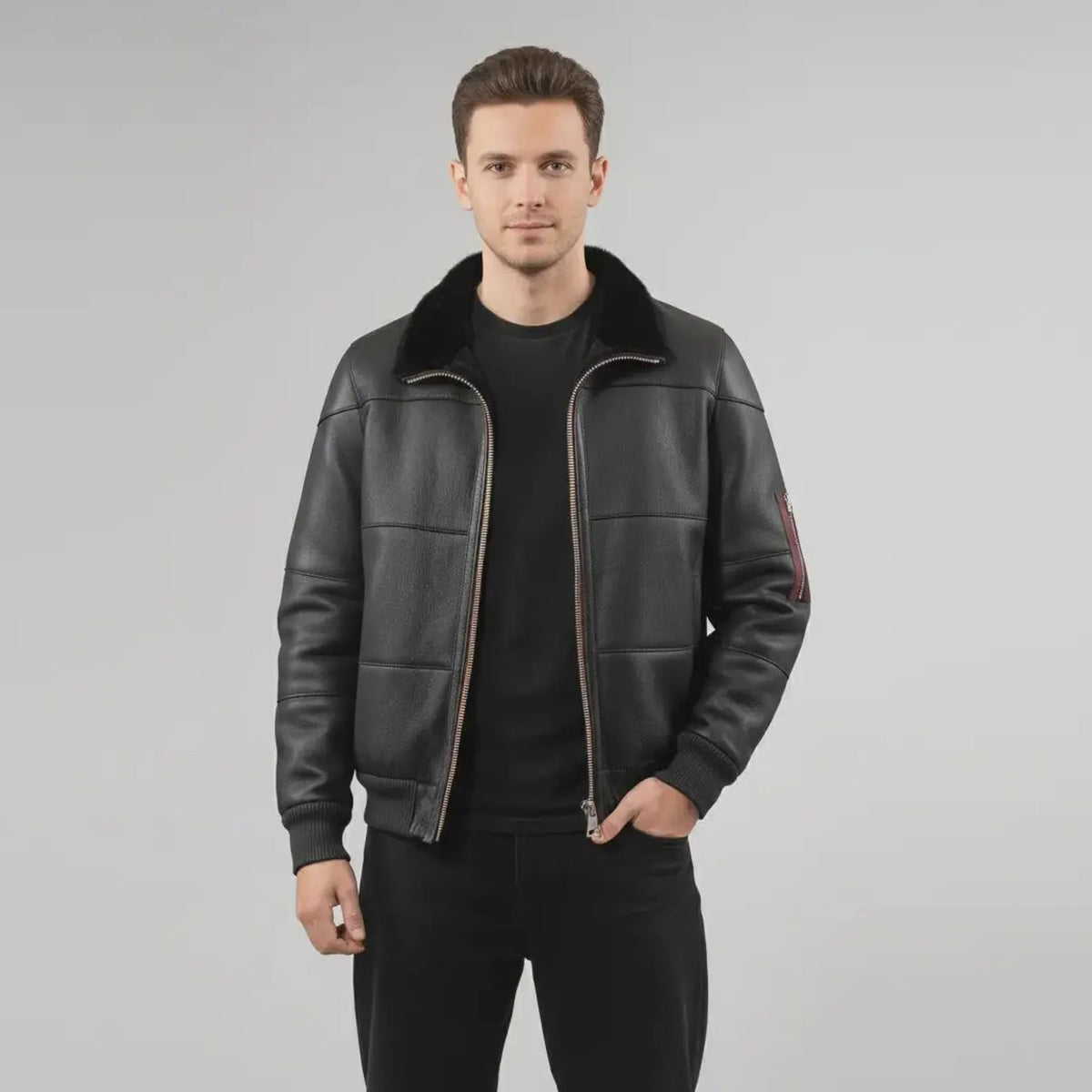 Men’s Black Sheepskin Leather Bomber Jacket with Fur Collar – Handmade Winter Aviator Coat