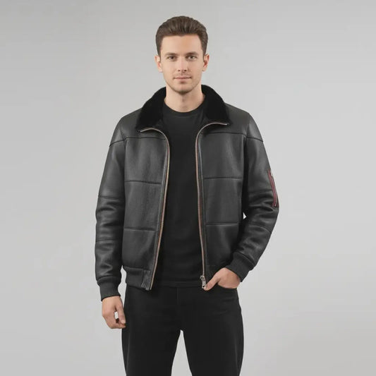 Men’s Black Sheepskin Leather Bomber Jacket with Fur Collar – Handmade Winter Aviator Coat