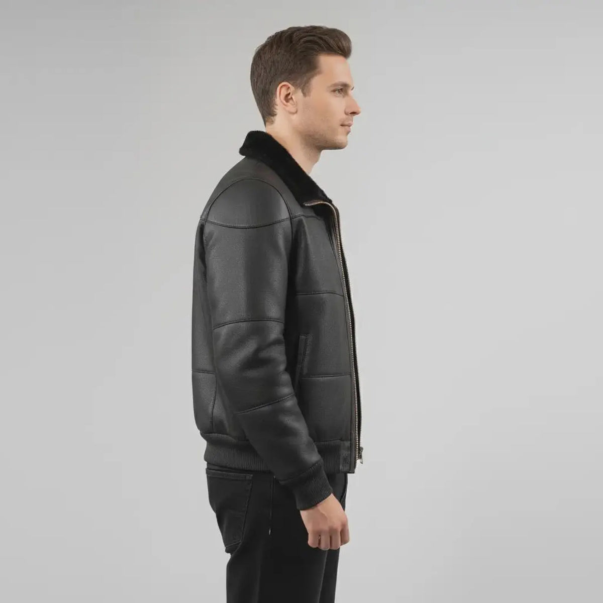 Men’s Black Sheepskin Leather Bomber Jacket with Fur Collar – Handmade Winter Aviator Coat