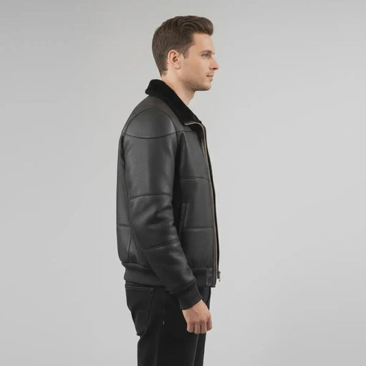 Men’s Black Sheepskin Leather Bomber Jacket with Fur Collar – Handmade Winter Aviator Coat