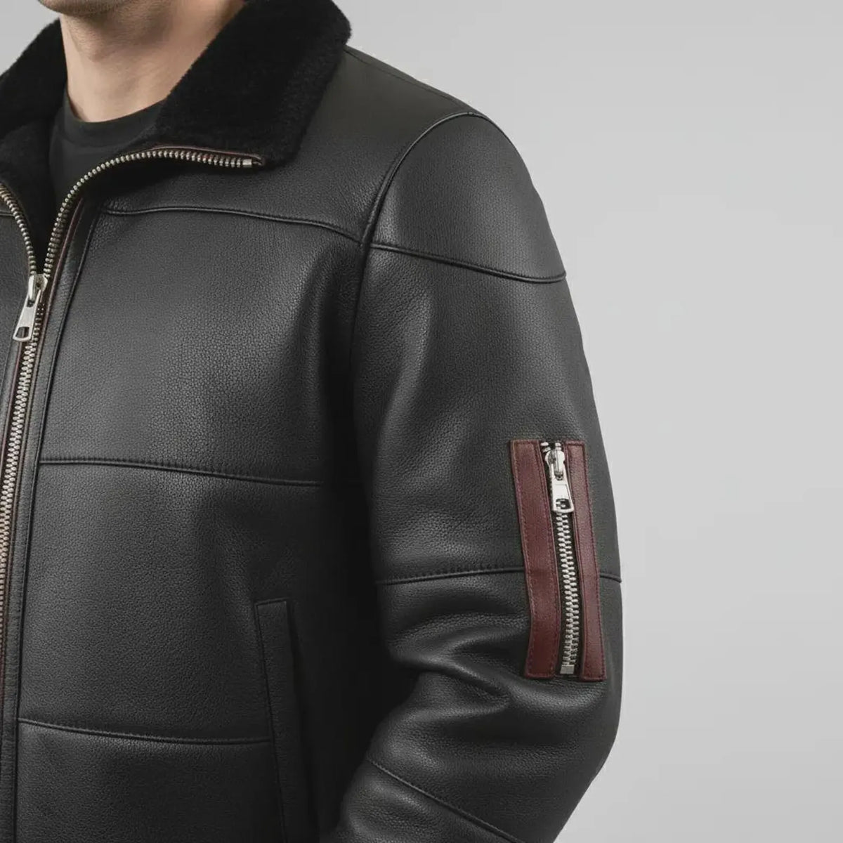 Men’s Black Sheepskin Leather Bomber Jacket with Fur Collar – Handmade Winter Aviator Coat