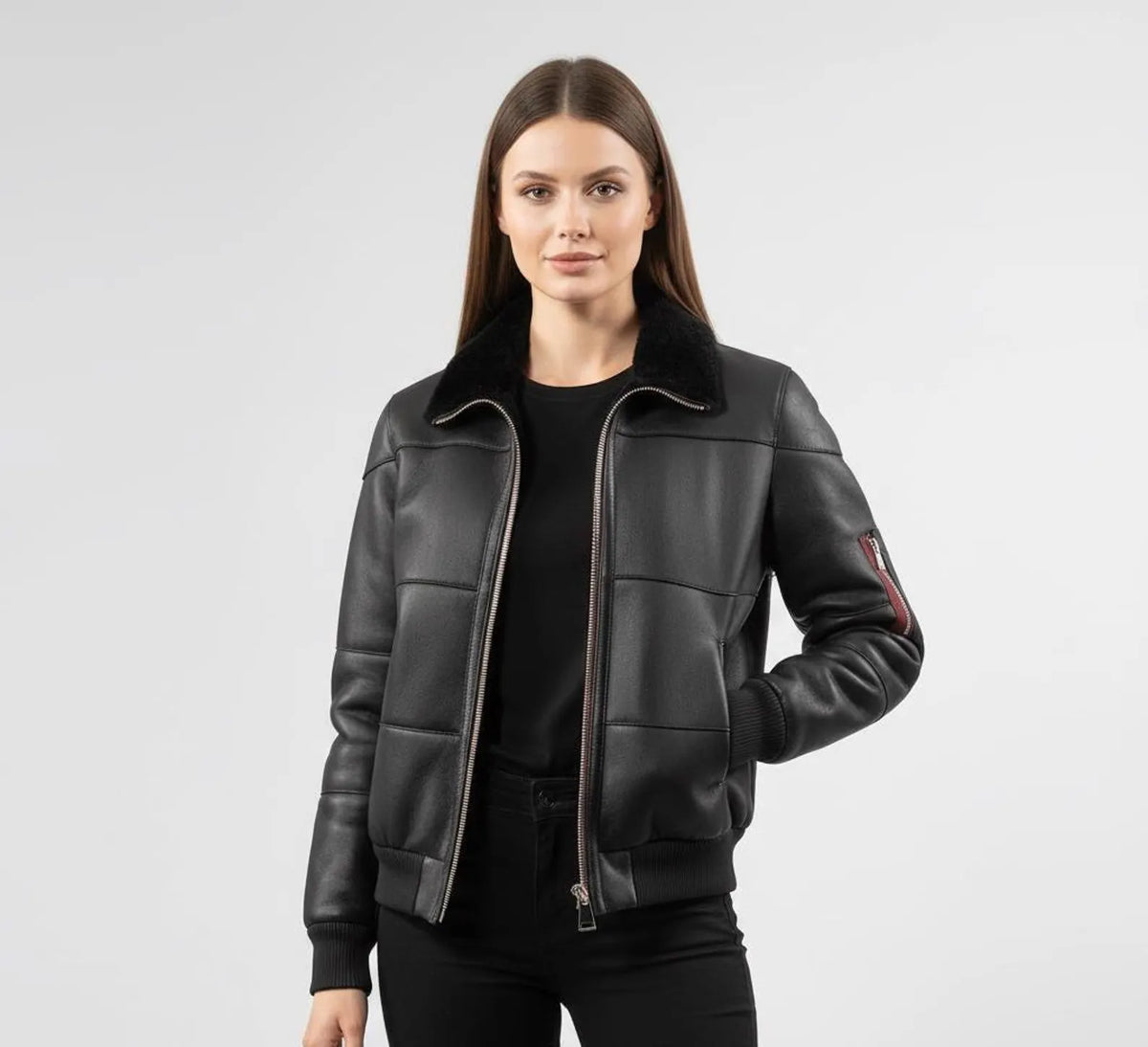 Men’s Black Sheepskin Leather Bomber Jacket with Fur Collar – Handmade Winter Aviator Coat