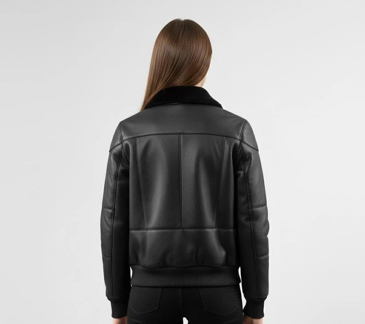 Men’s Black Sheepskin Leather Bomber Jacket with Fur Collar – Handmade Winter Aviator Coat