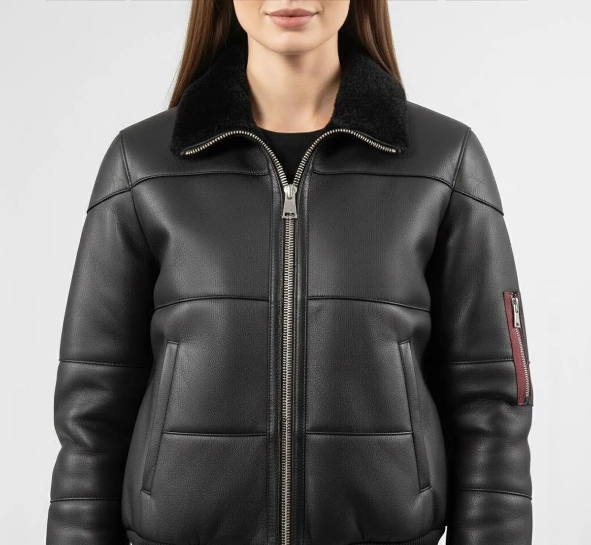 Men’s Black Sheepskin Leather Bomber Jacket with Fur Collar – Handmade Winter Aviator Coat