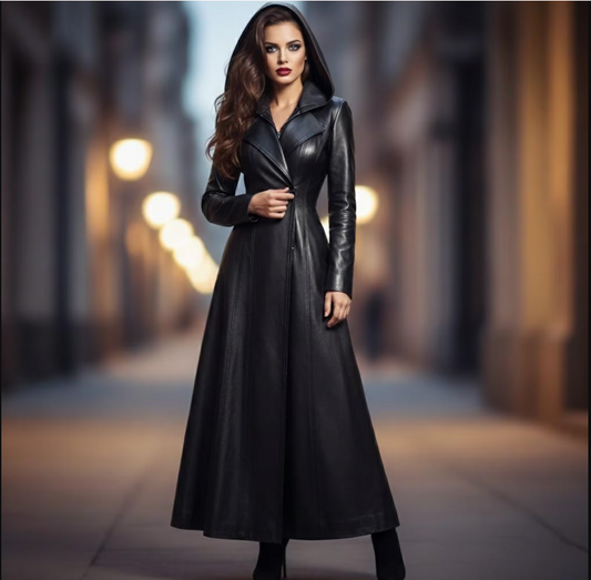 Handmade Black Lambskin Hooded Maxi Leather Trench Coat