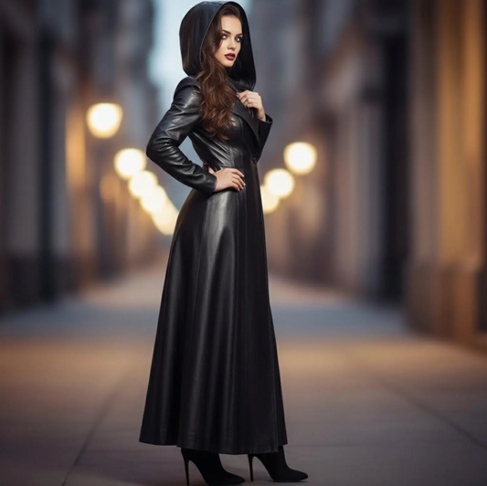 Handmade Black Lambskin Hooded Maxi Leather Trench Coat